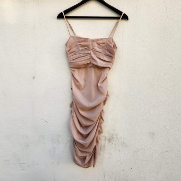 House of CB Railea Nude Taupe Corset Ruched Midi Sheer Chiffon Dress - Picture 3 of 7